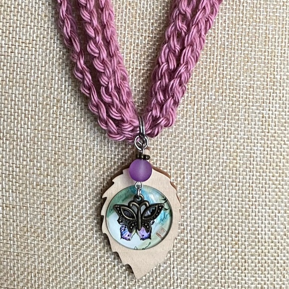 Handmade Crochet Butterfly Pendant Necklace Cottagecore - Picture 10 of 13